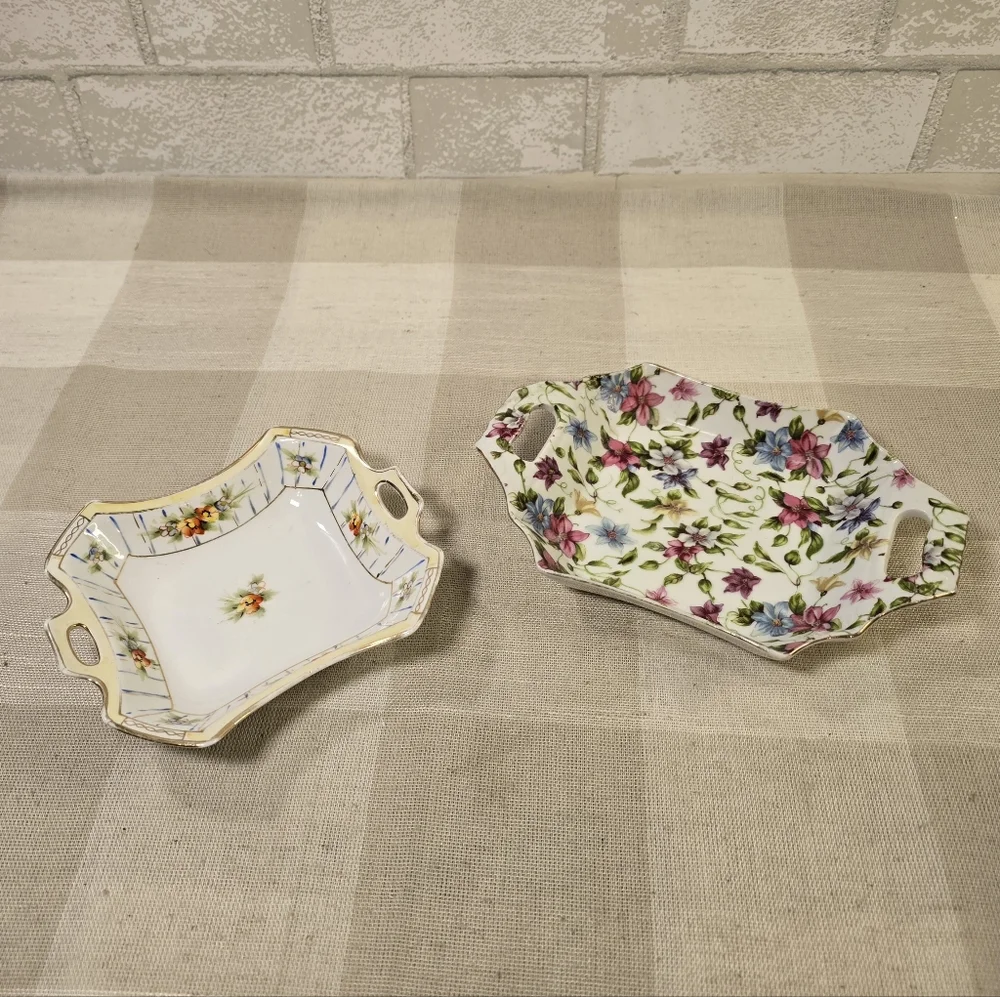 Vintage Porcelain Hand Painted Floral Small Trinket Vanity Tray Dish X 2